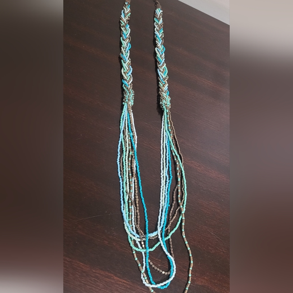 Braided Beaded Necklace in Blue and Brown